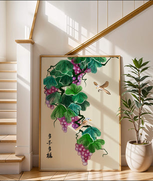 Watercolor grapevine and birds illustration with traditional art style