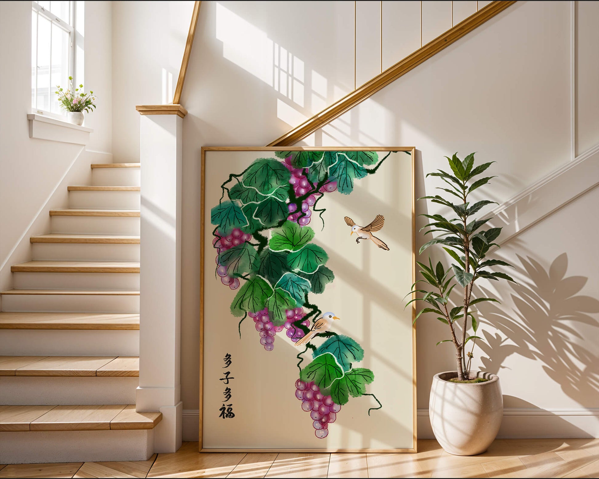 Watercolor grapevine and birds illustration with traditional art style