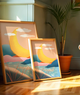 Abstract Landscape with Yellow Crescent and Pastel Colors