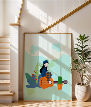 Illustration of a woman with coffee sitting on a guitar surrounded by foliage