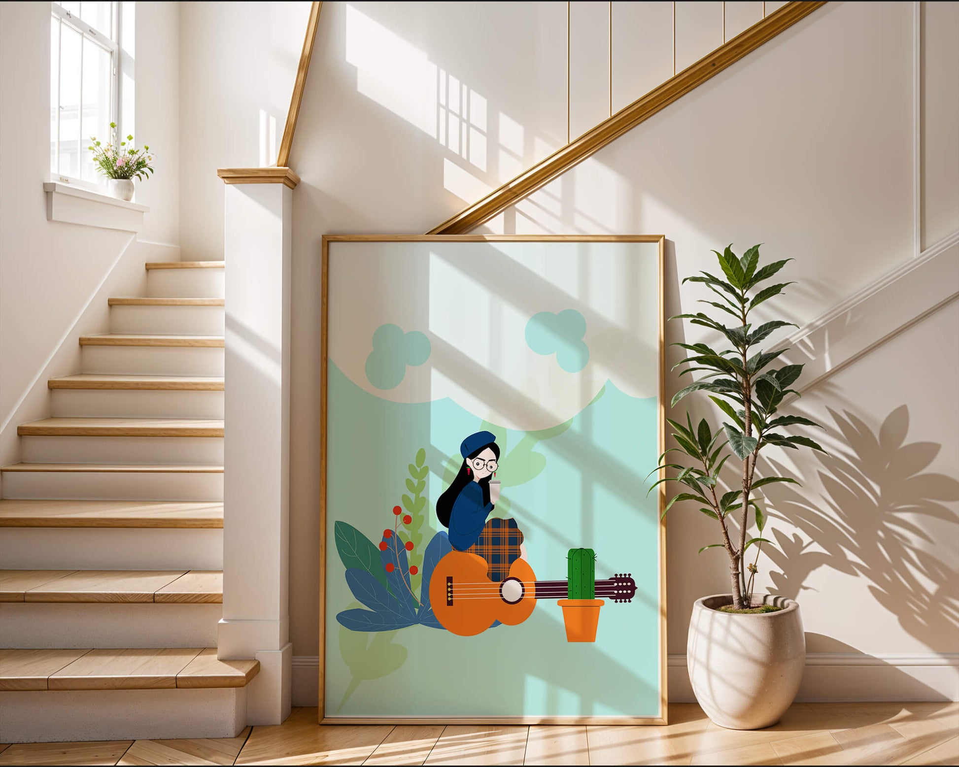 Illustration of a woman with coffee sitting on a guitar surrounded by foliage