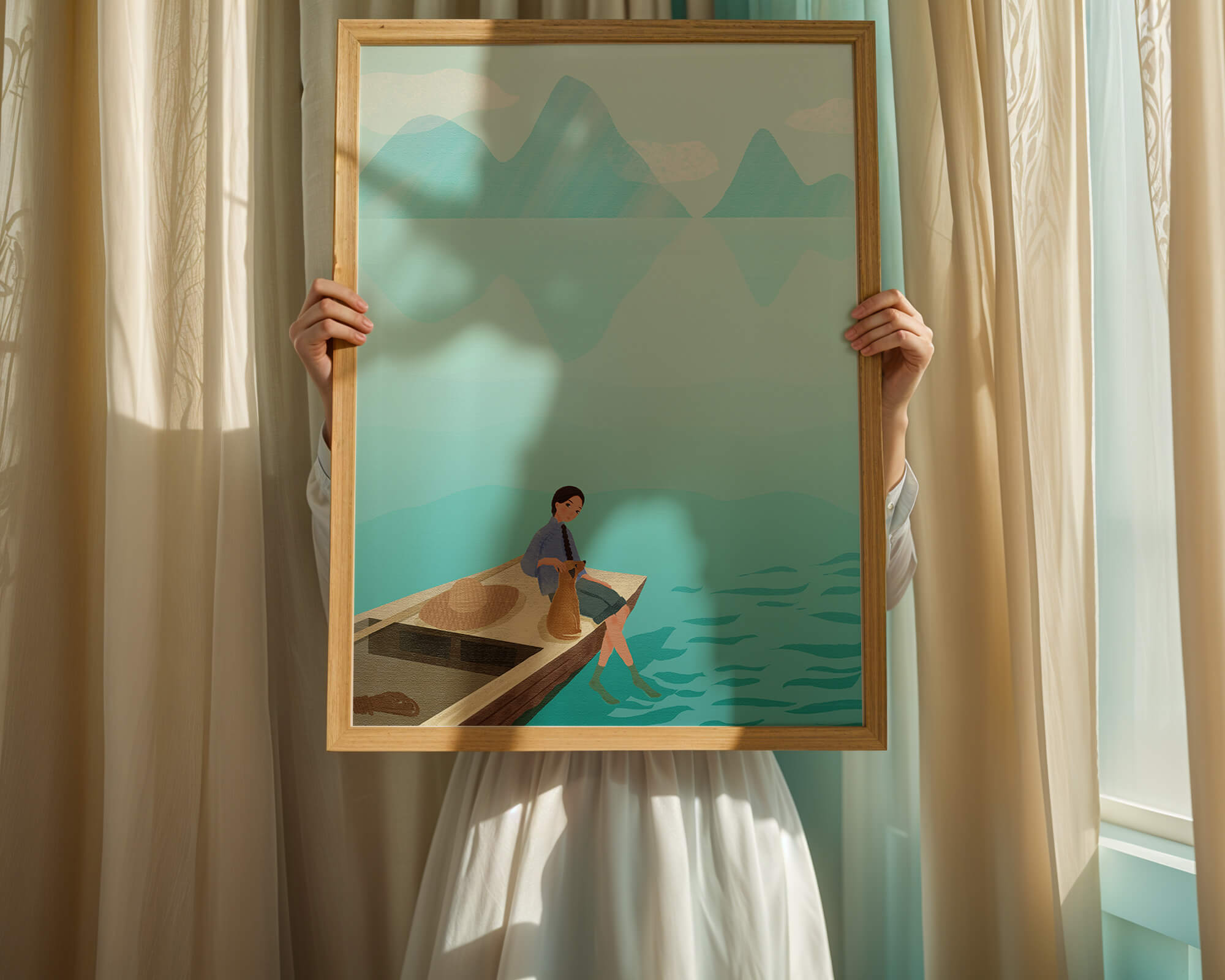 Serene scene with woman and dog on a boat by tranquil waters
