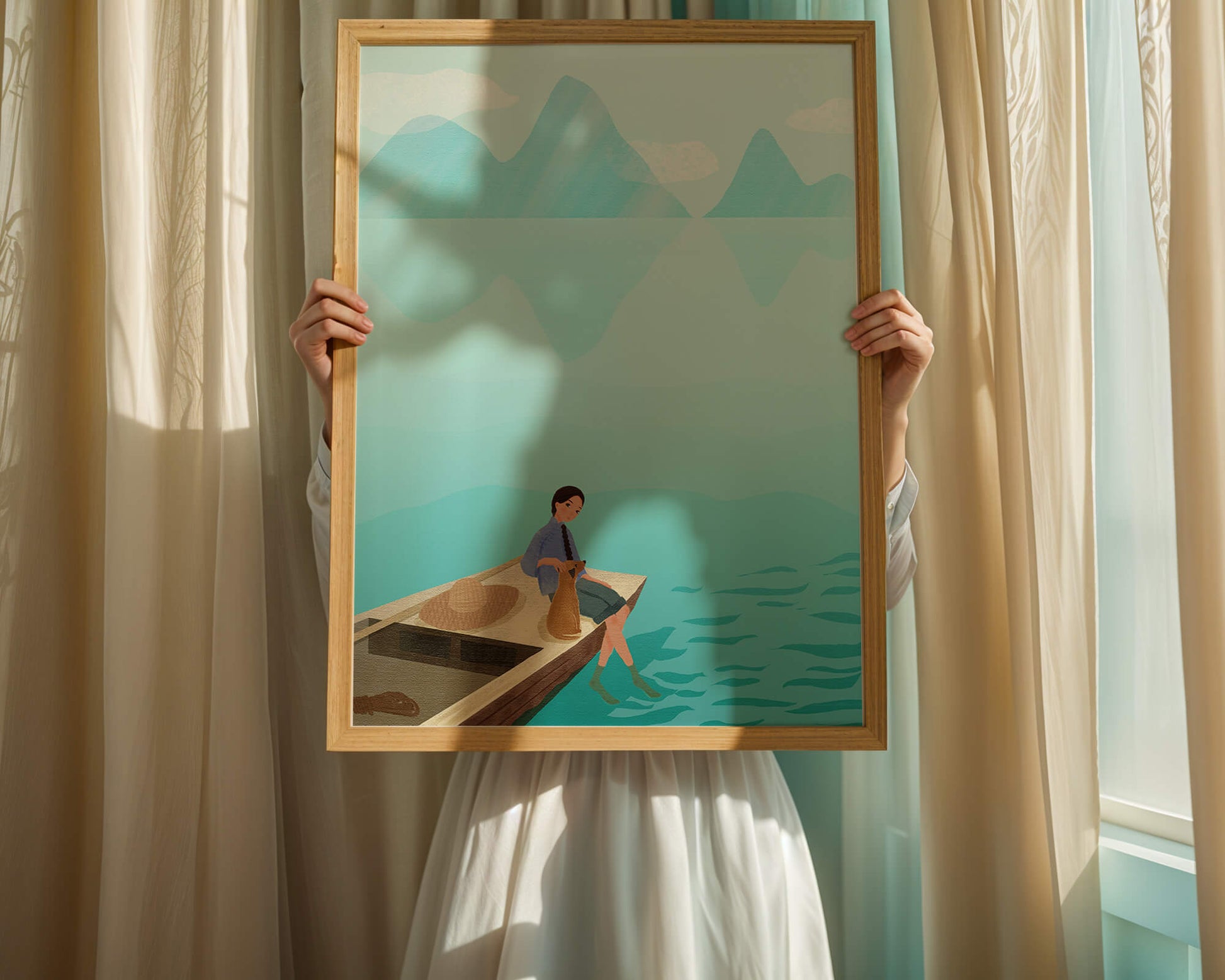 Serene scene with woman and dog on a boat by tranquil waters