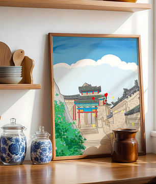 Arquitectura china tradicional con toques vibrantes y fondo escénico