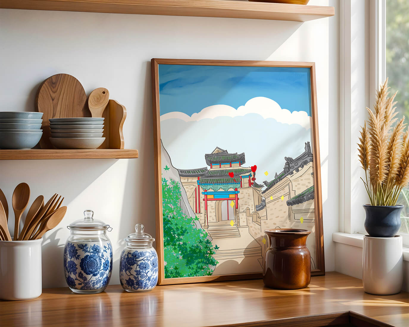 Arquitectura china tradicional con toques vibrantes y fondo escénico