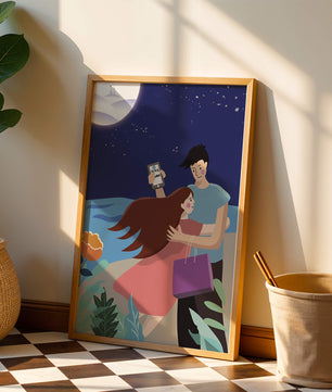 Pareja romántica abrazándose bajo una noche iluminada por la luna