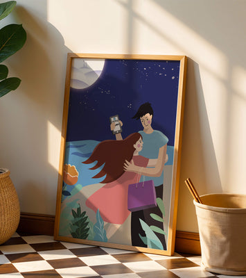 Romantic couple embracing under a moonlit night