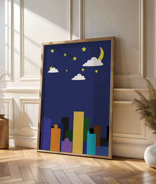 Night cityscape with colorful buildings and starry sky