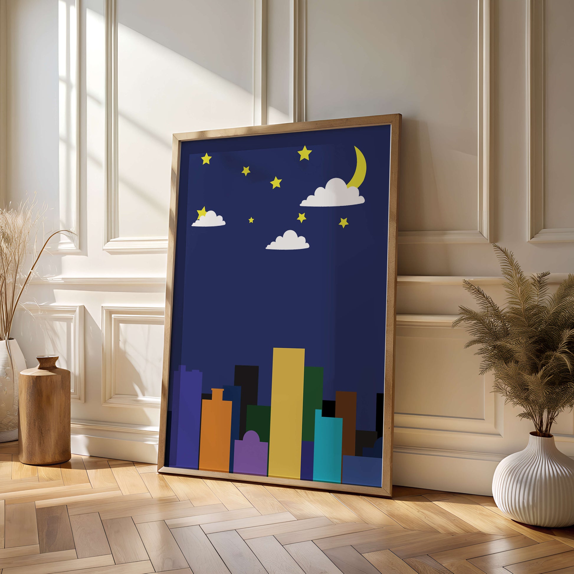 Night cityscape with colorful buildings and starry sky