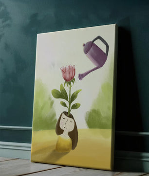 Ilustración de una chica con una flor creciendo de su cabeza siendo regada