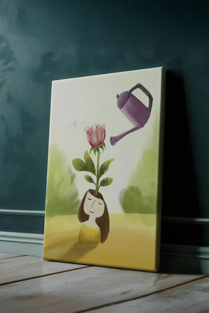 Illustration of a girl with a flower growing from her head being watered