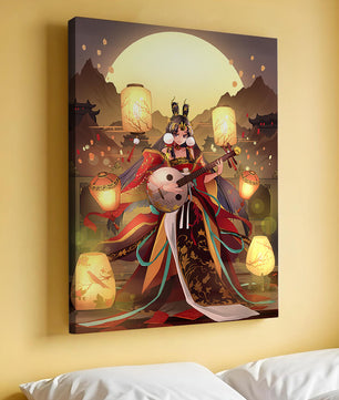 Elegant musician with traditional attire under lanterns and mountains