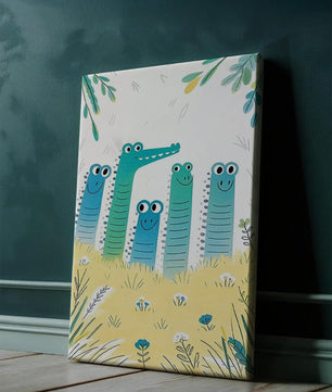 Illustration of Happy Cartoon Crocodiles in a Colorful Meadow - Mi tienda