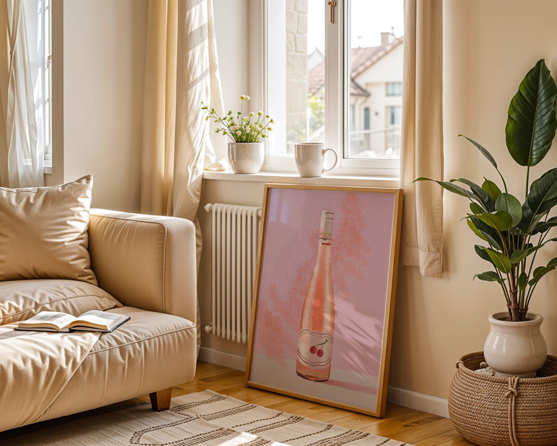 Illustrated wine bottle with a cherry label on pink background