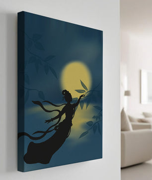 Silhouette of a Woman Reaching for Leaves in Front of a Full Moon