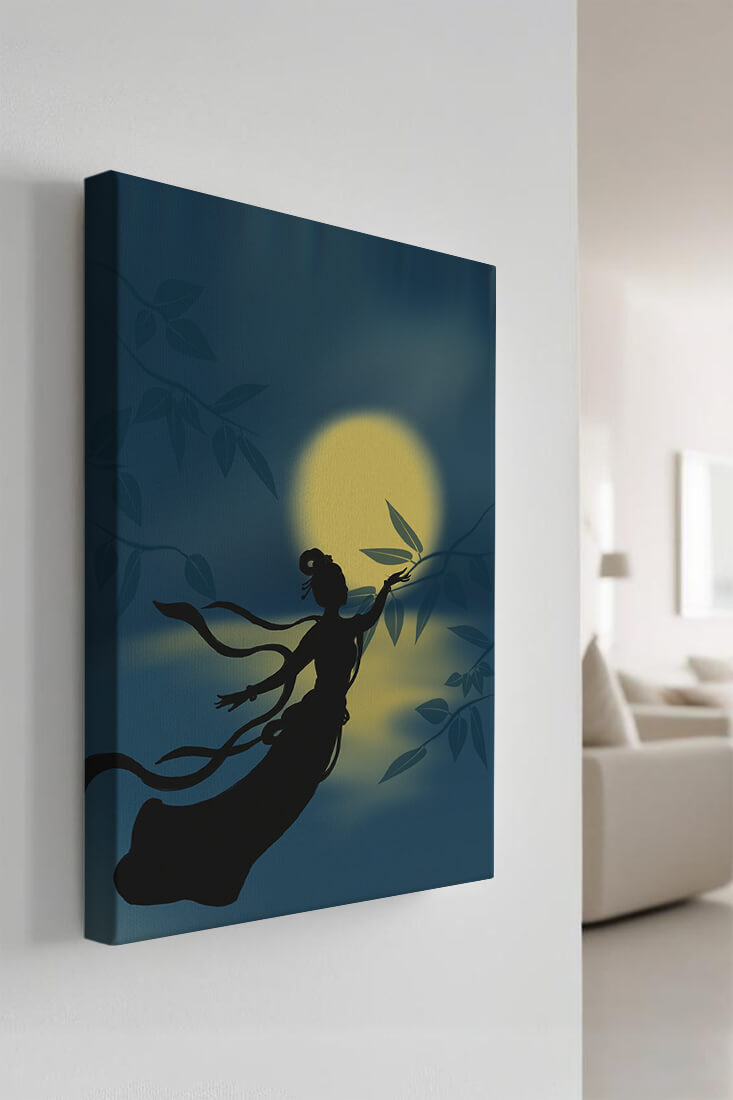 Silhouette of a Woman Reaching for Leaves in Front of a Full Moon