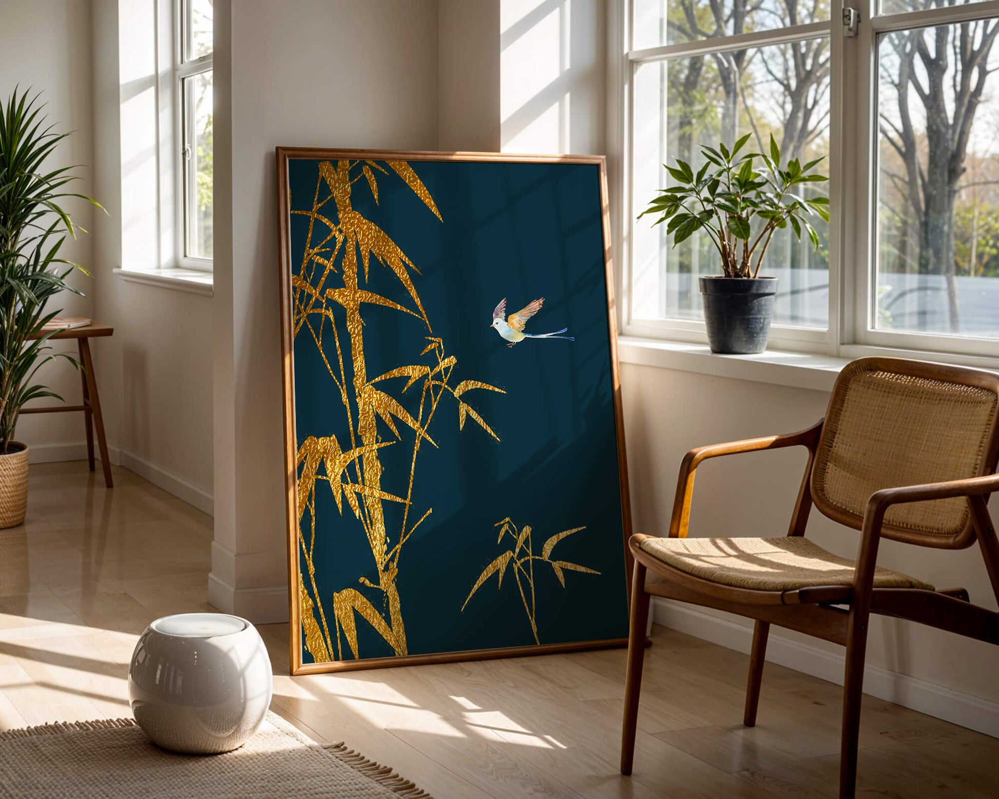 Golden bamboo and bird against a deep blue background