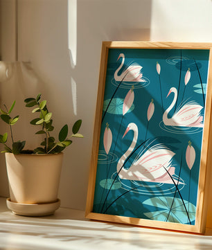 Serene illustration of swans gracefully gliding on a pond with lily pads