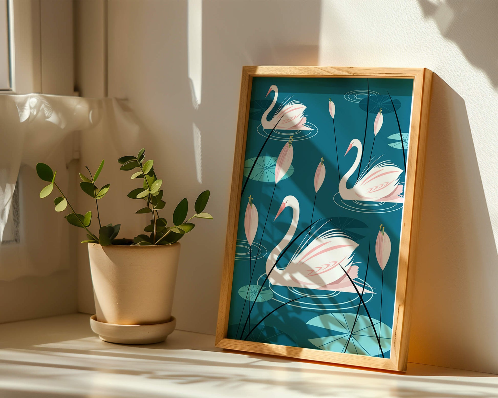 Serene illustration of swans gracefully gliding on a pond with lily pads