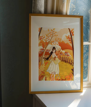 Illustration of a Girl in a Yellow Dress in Autumn Scenery