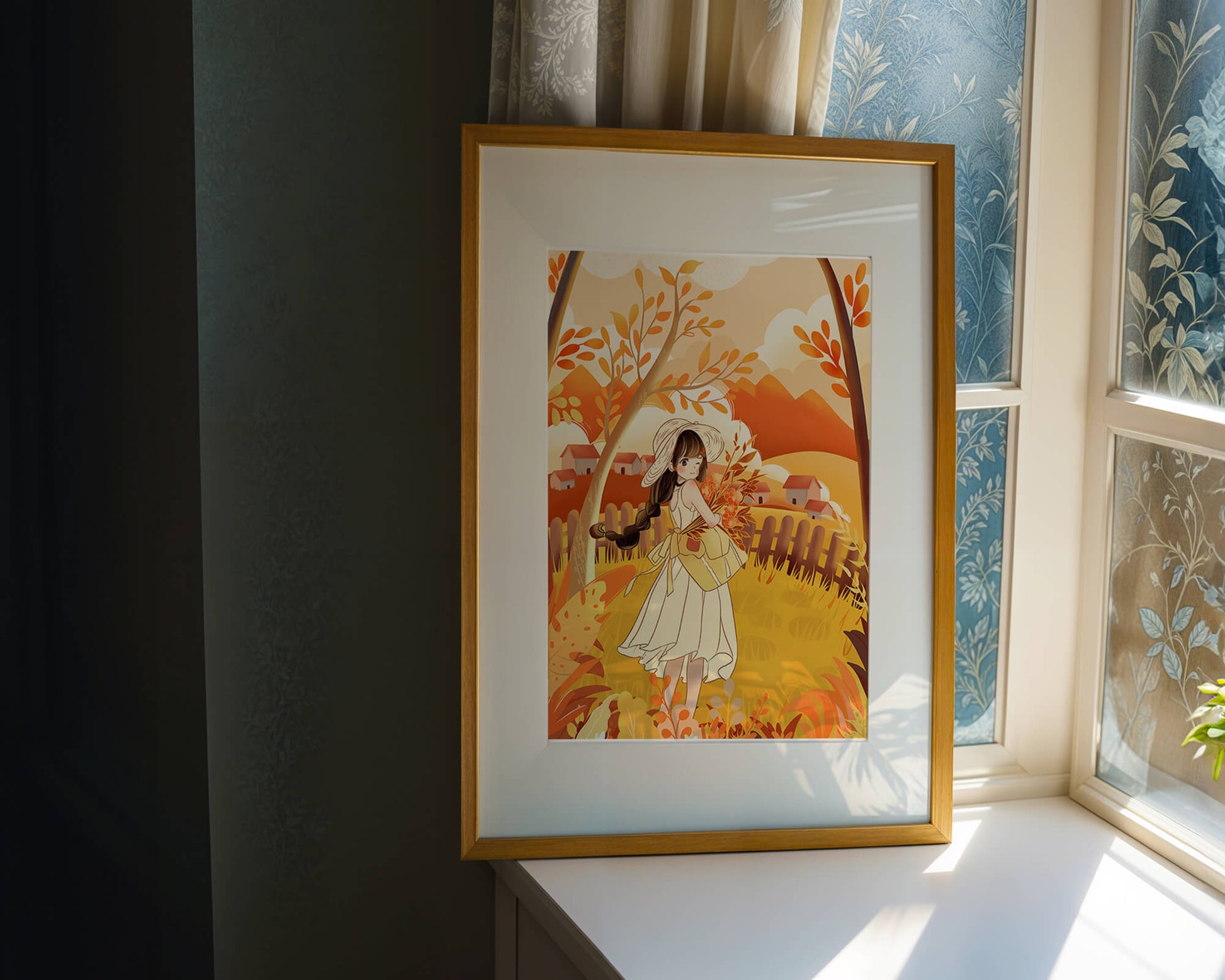 Illustration of a Girl in a Yellow Dress in Autumn Scenery