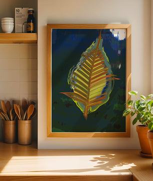 Abstract digital artwork featuring a vibrant multicolored leaf