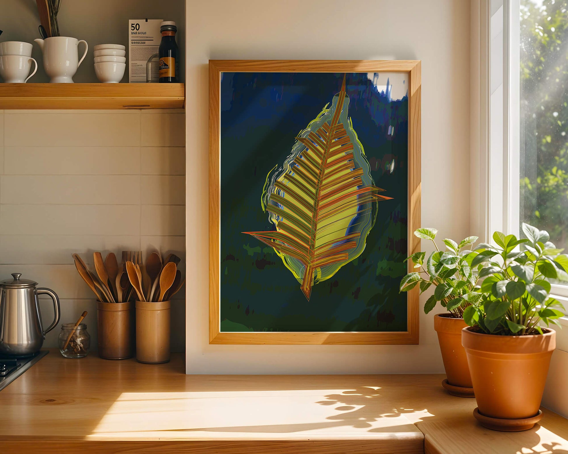 Abstract digital artwork featuring a vibrant multicolored leaf