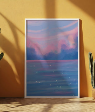 Verträumter Pastellhimmel, der sich in einer glitzernden Wasserlandschaft widerspiegelt 