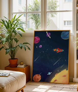Farbenfrohes Weltraumabenteuer mit Planeten und Raketenillustration