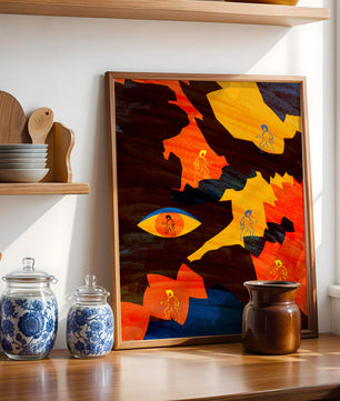 Abstract colorful artwork with eye and silhouettes