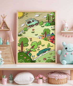 Colorful cartoon landscape with vehicles and nature scene