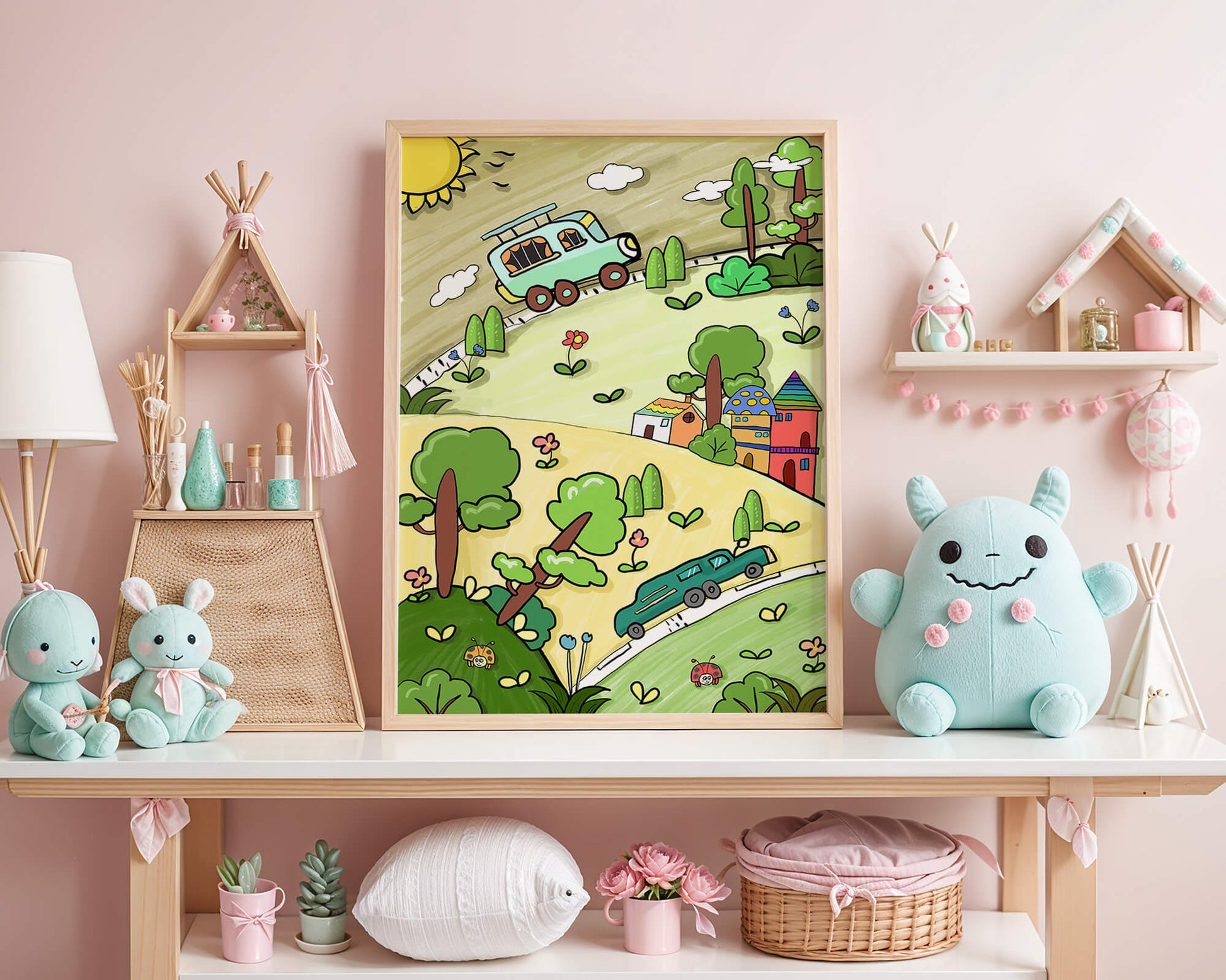 Colorful cartoon landscape with vehicles and nature scene