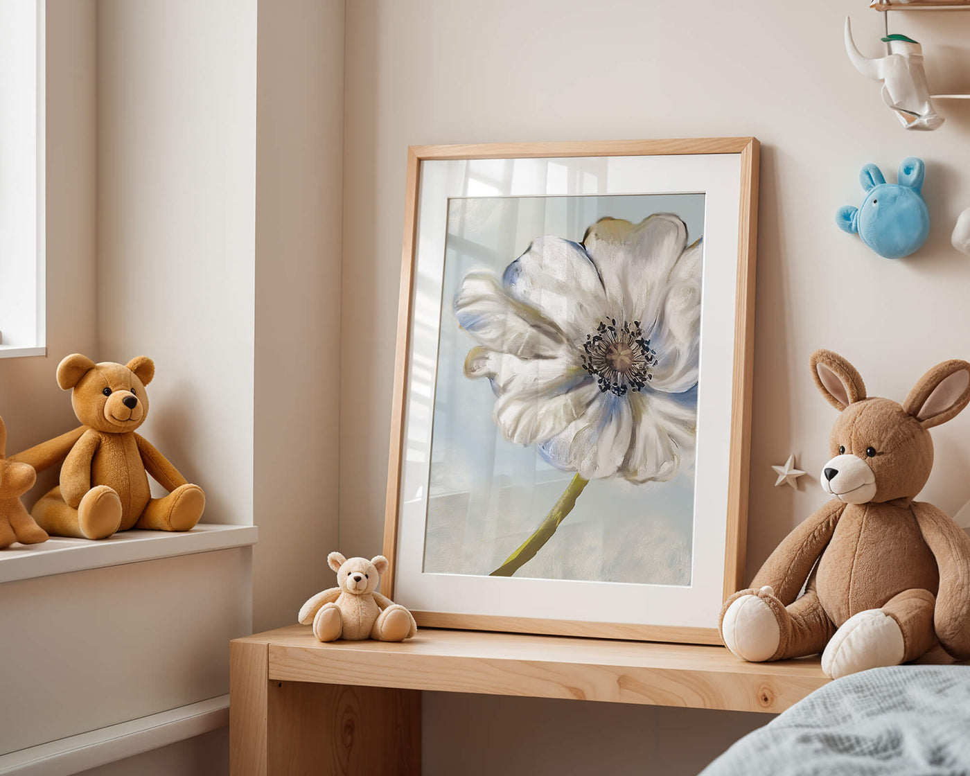 Captivating white flower art with blue hues on a pastel background