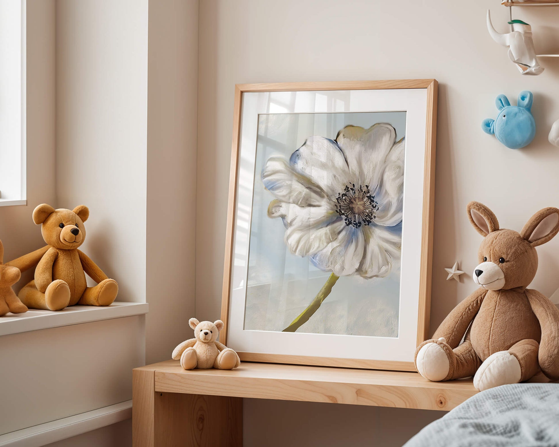 Captivating white flower art with blue hues on a pastel background