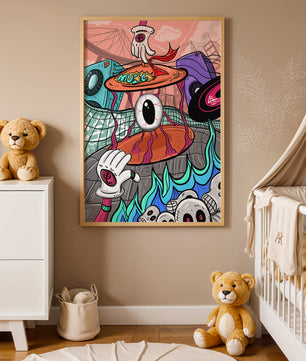 Ilustración abstracta surrealista colorida con un ojo vívido y elementos surrealistas