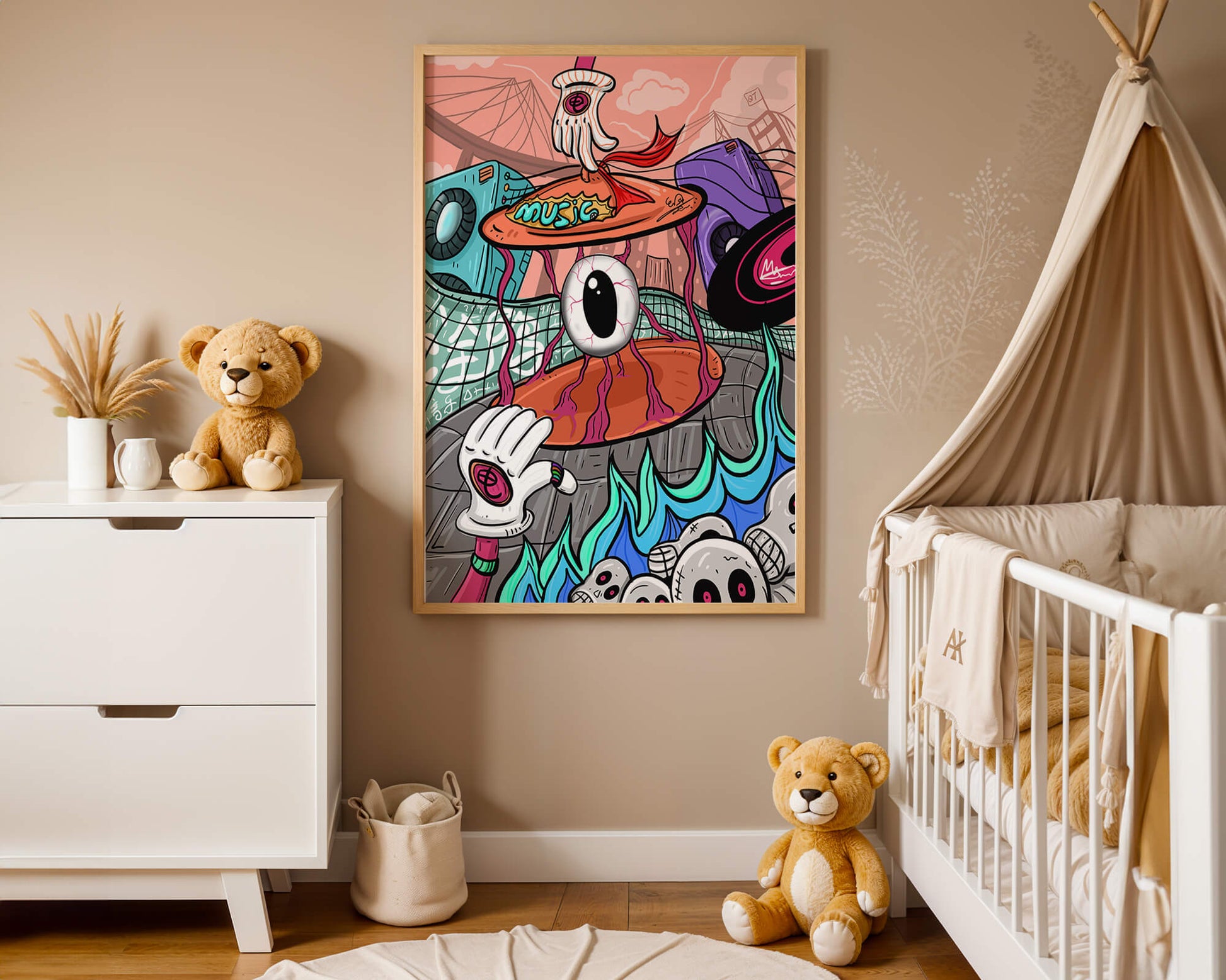 Colorful abstract surrealism illustration featuring vivid eye and surreal elements