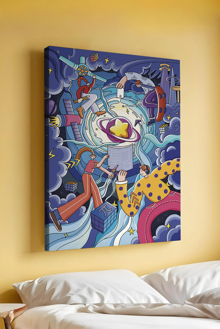 Colorful Cosmic Exploration with Animated Characters and Geometric Shapes