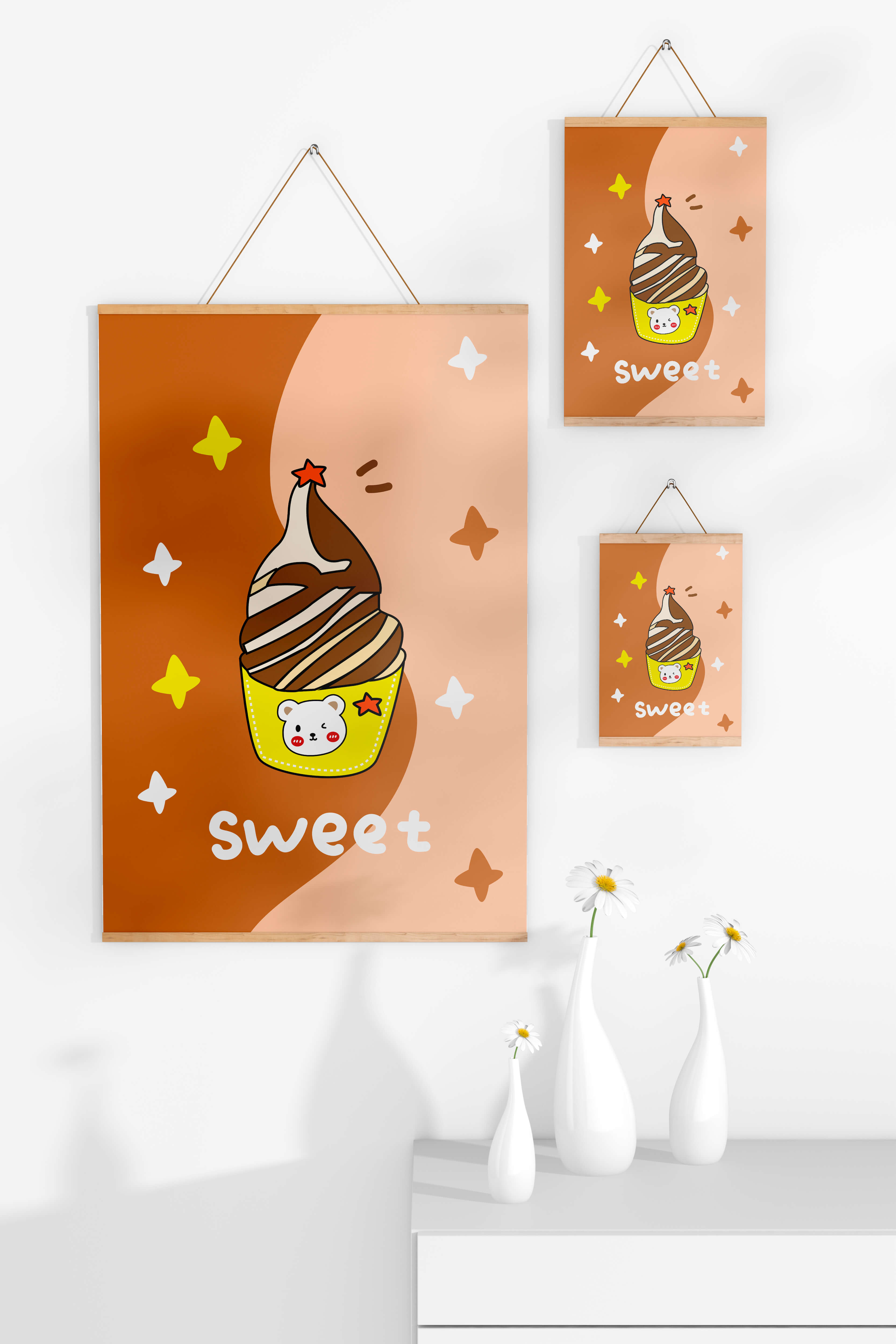 Adorable ice cream design with kawaii bear and colorful background