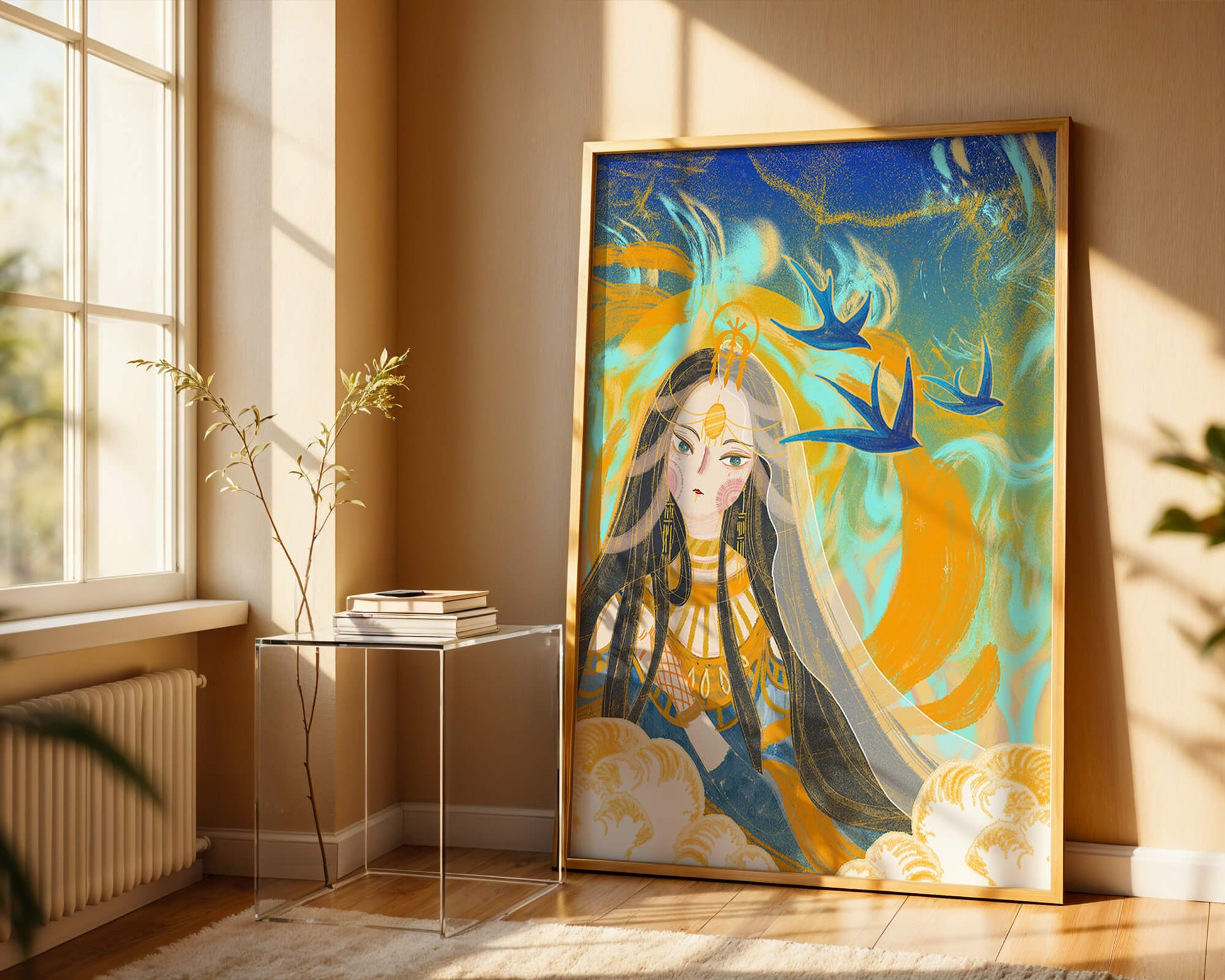Majestic Goddess with Birds and Golden Elements in Mystical Setting