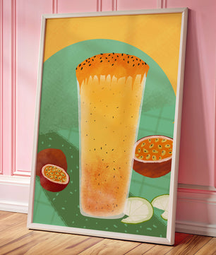 Illustrated tropical passion fruit drink with fresh slices