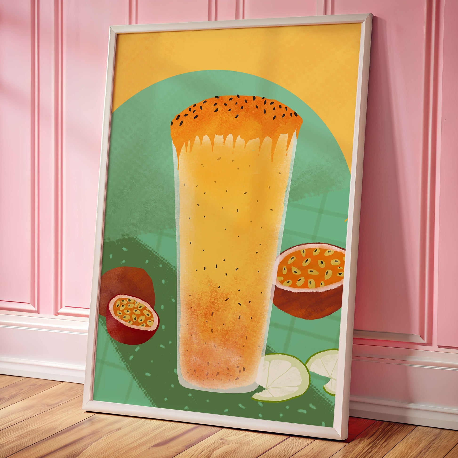 Illustrated tropical passion fruit drink with fresh slices