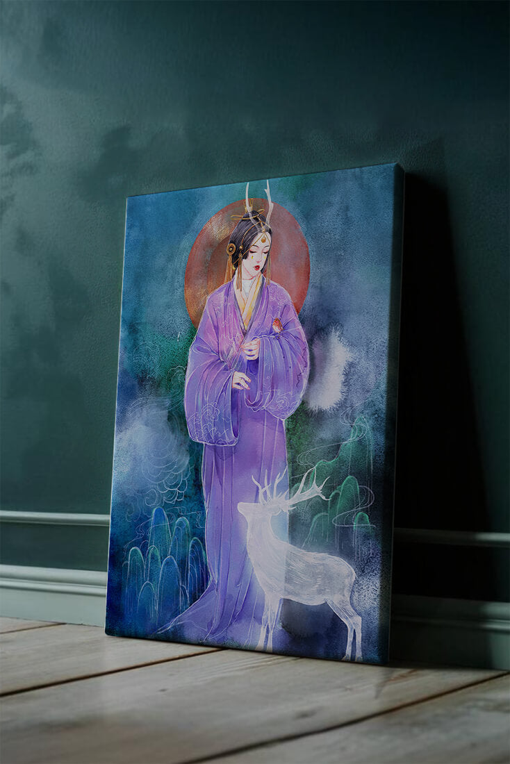 Elegant woman in traditional attire with a mystical deer set against a serene backdrop