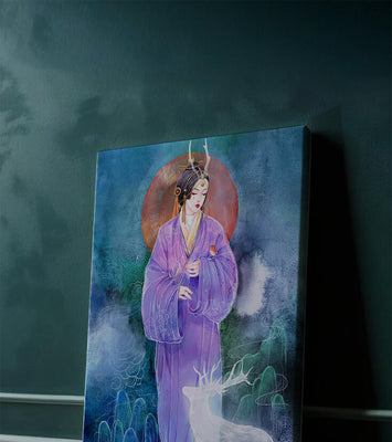 Elegant woman in traditional attire with a mystical deer set against a serene backdrop