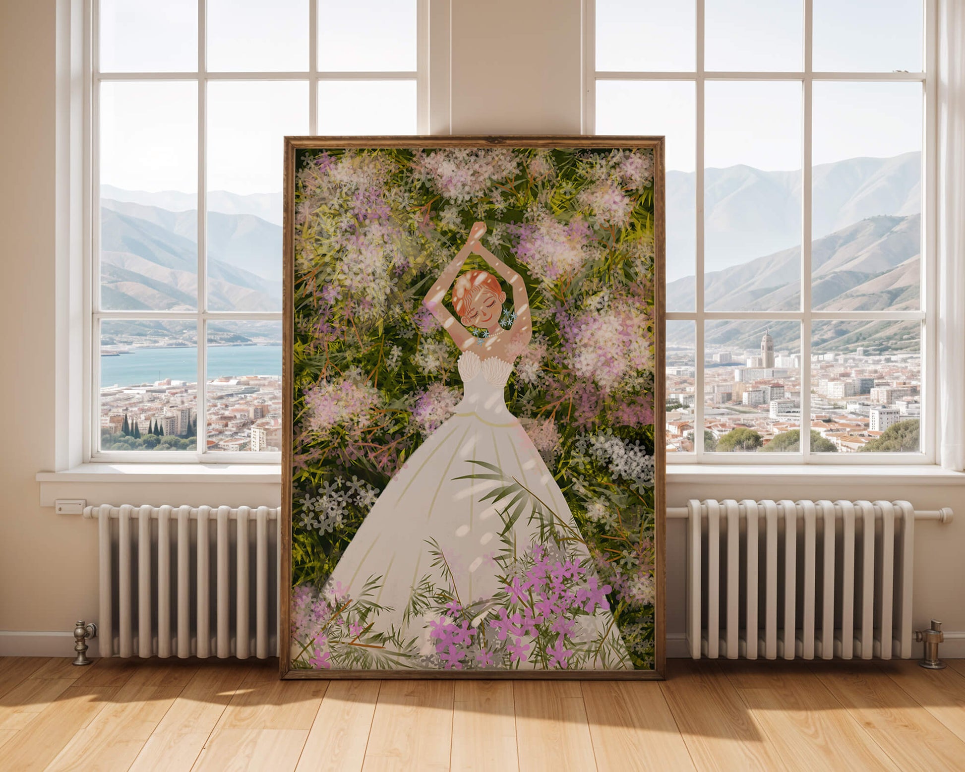 Woman in white dress lying among flowers in a garden