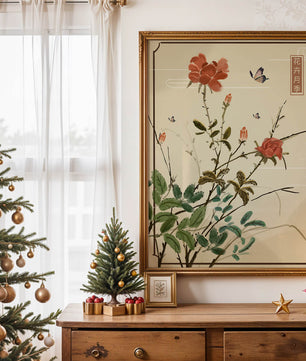 Delicate Floral Art with Red Flowers and Butterflies