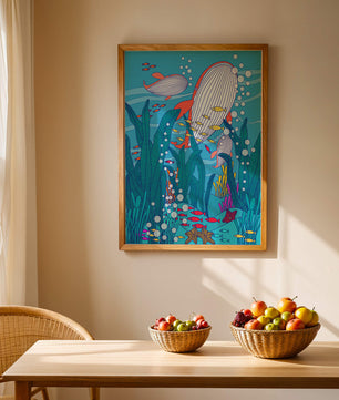 Underwater world illustration with whales and fish amidst seaweed