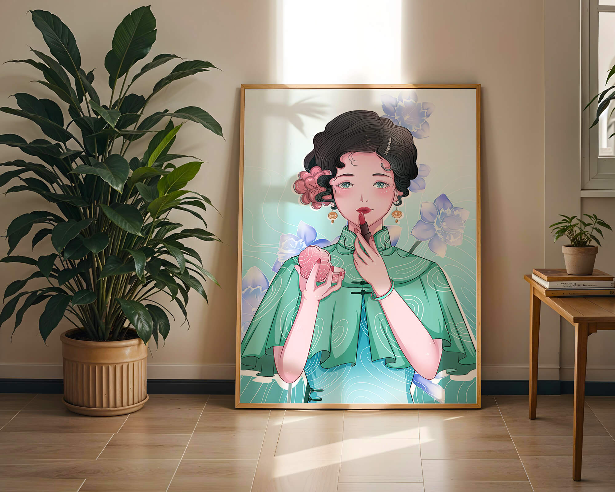 Woman applying lipstick with elegant floral background