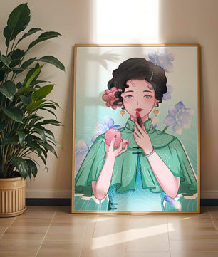 Woman applying lipstick with elegant floral background