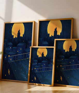 Stadtdach bei Nacht mit beleuchteten Fenstern und Vollmond