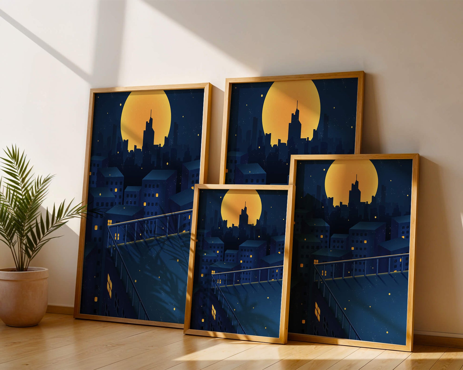 City Rooftop at Night with Illuminated Windows and Full Moon